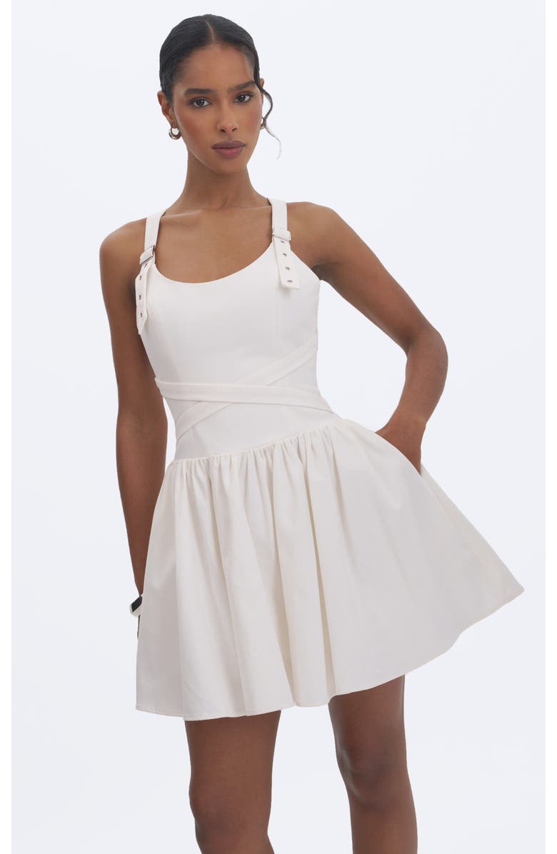 Miss Circle Francine Cotton Denim Crossover Strap Mini Dress, Main, color, White