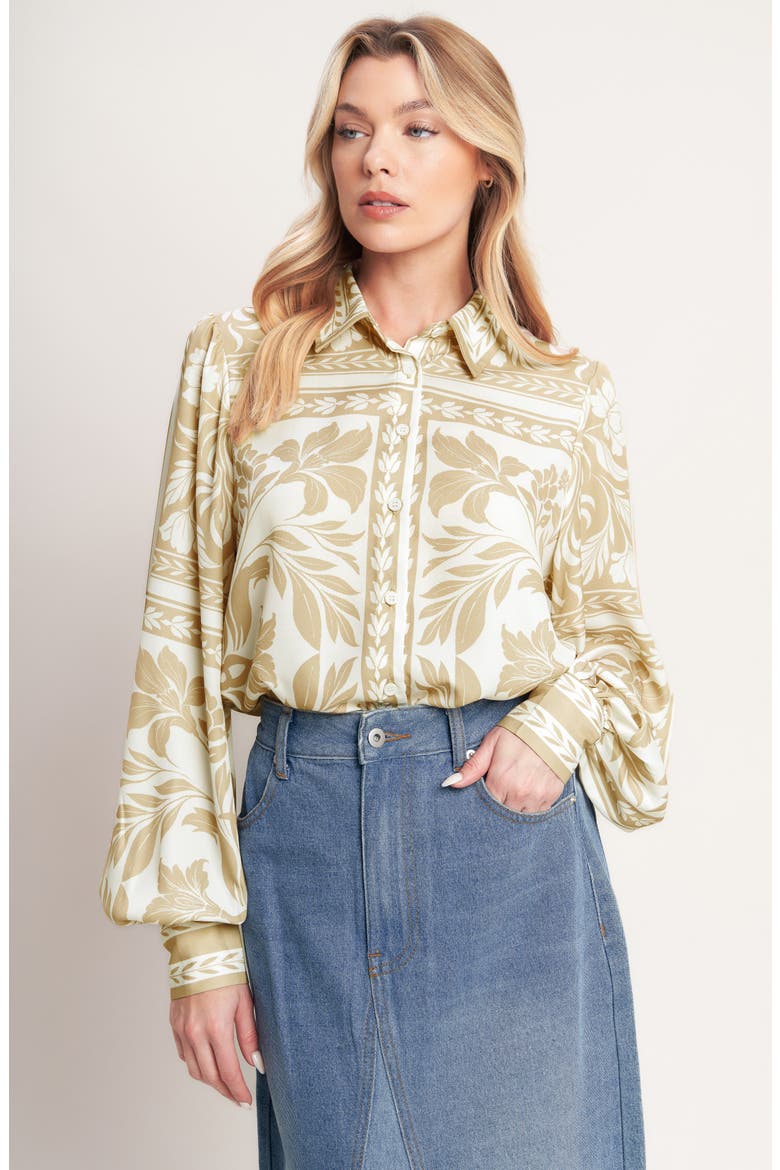 Botanical Print Long Sleeve Button Shirt, Alternate, color, TAUPE/ IVORY