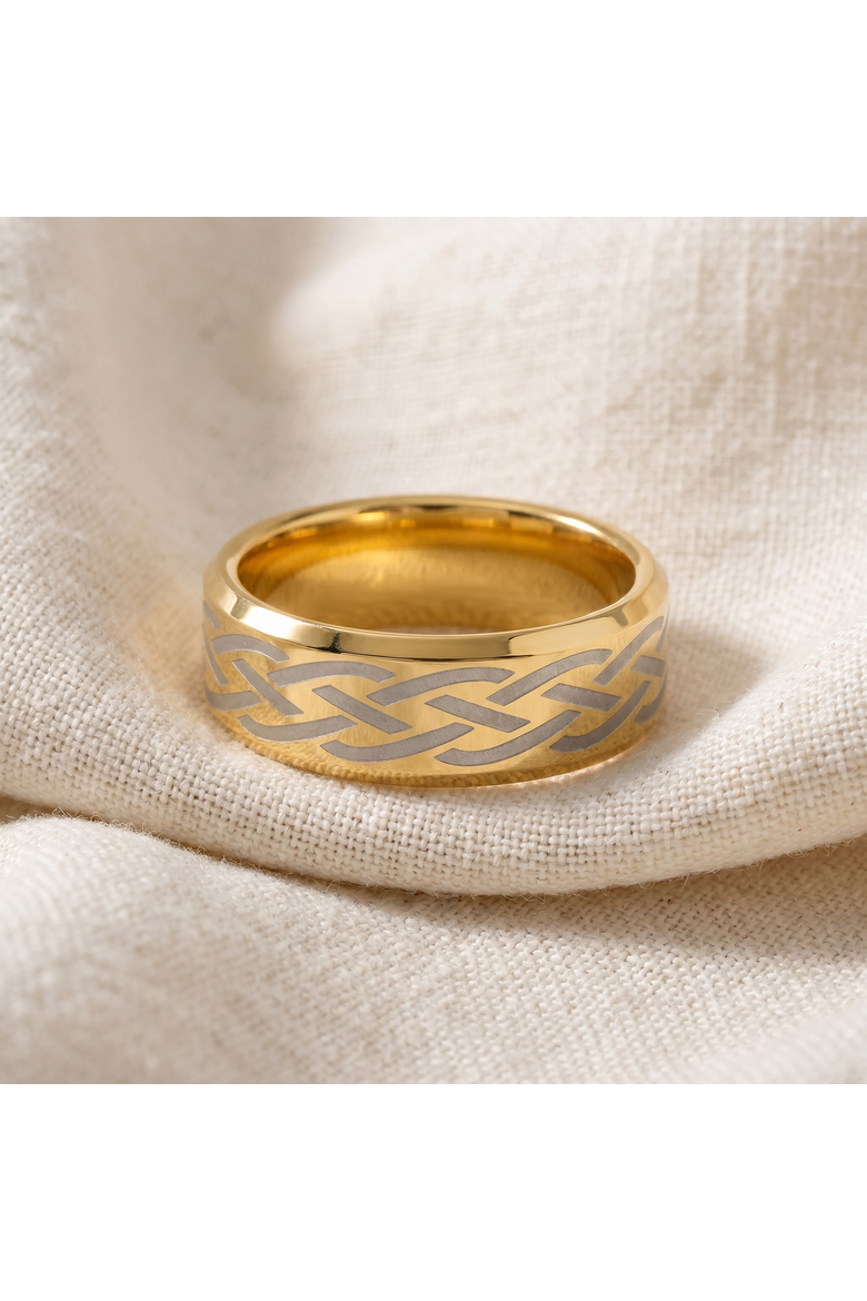 Men's Gold Plated Tungsten Ring Celtic Laser 8mm Wedding Band, Alternate, color, Gold Tungsten