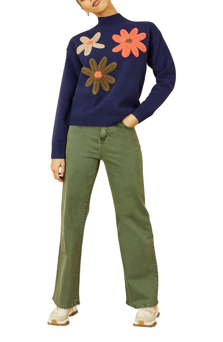 Yumi Floral Detail High Neck Knit Sweater, Alternate, color, Navy