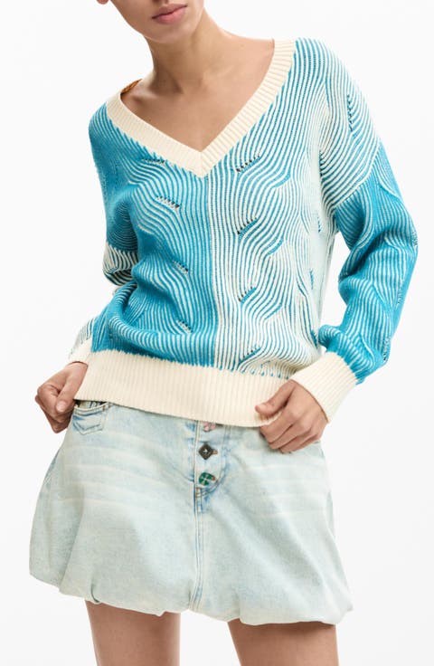 Colorblock Cotton Blend Pointelle Sweater