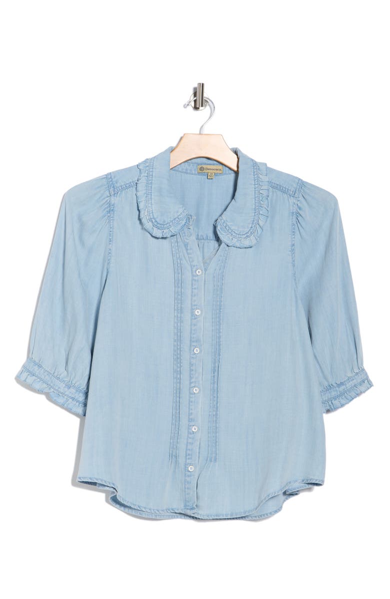 Democracy Three-Quarter Sleeve Ruffle Button-Up Shirt, Alternate, color, Powder Blue
