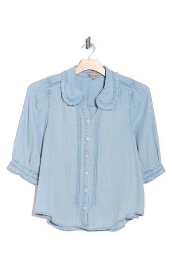 Democracy Three-quarter Sleeve Ruffle Button-up Shirt In Blue