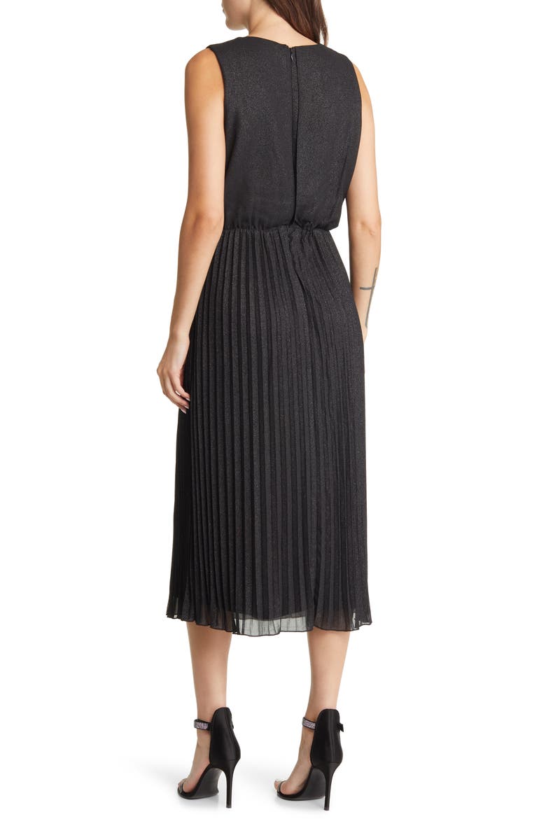 Pleated Metallic Midi Dress, Alternate, color, BLACK/ SILVER