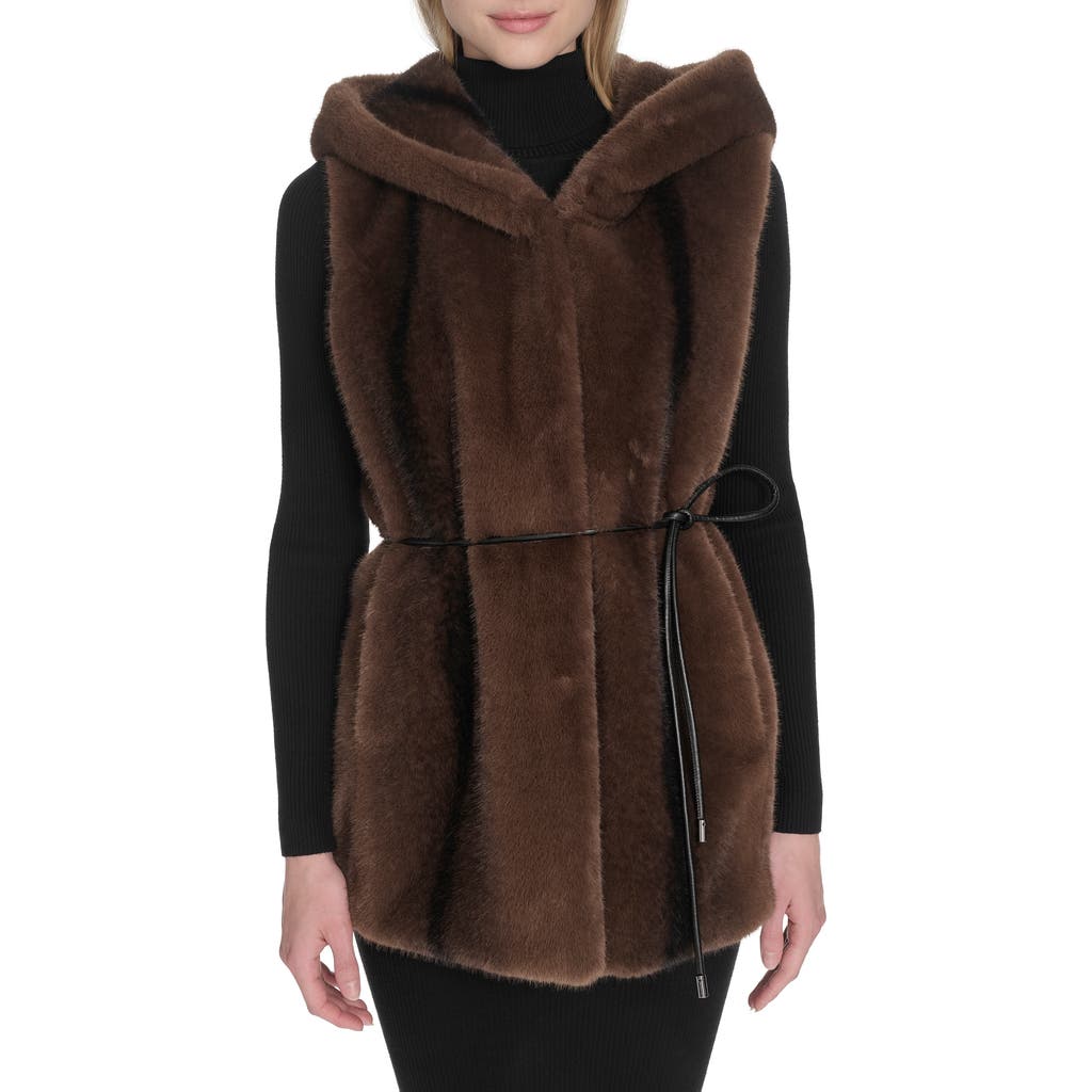 Cole Haan Hooded Faux Mink Vest In Brown