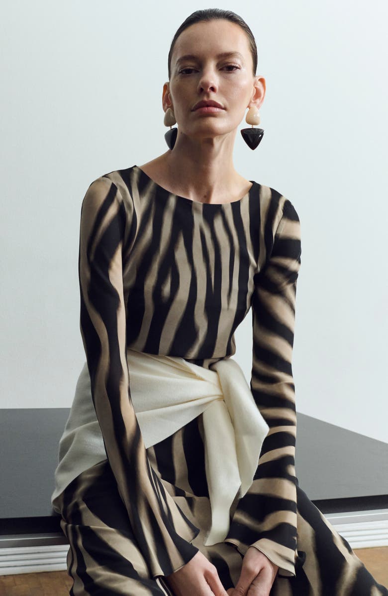 MANGO Abstract Zebra Stripe Long Sleeve Dress, Alternate, color, Black