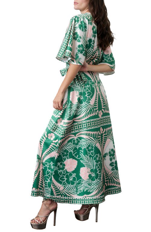 Ciebon Claudie Flutter Sleeve Satin Wrap Dress In Green