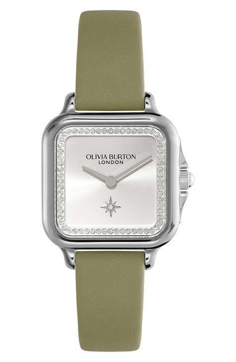 Olivia Burton Grosvenor Leather Strap Watch 28mm Olive