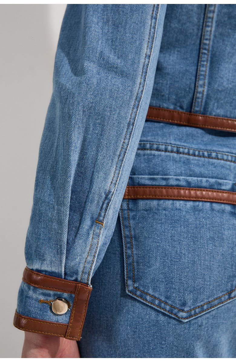 Karen Millen Denim & Leather Collarless Jacket, Alternate, color, Light Blue