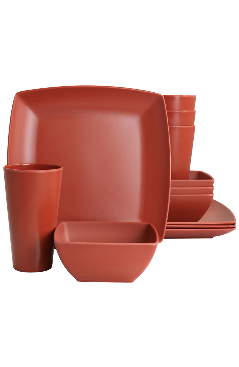 Gibson Home Grayson Melamine 12 Piece Square Dinnerware Set, Main, color, Orange
