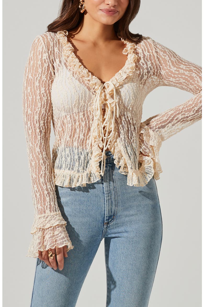 Lace Front Tie Bed Jacket, Alternate, color, CREAM