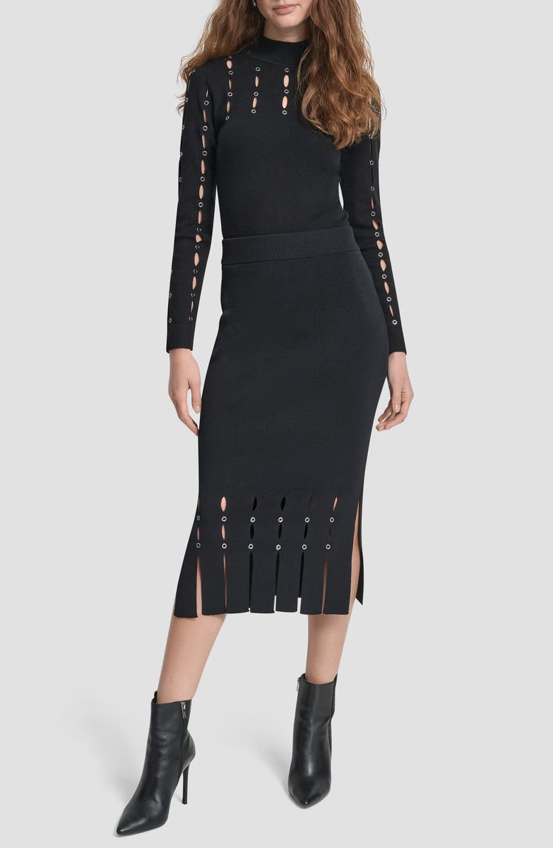 DKNY Grommet Trim Fringe Hem Sweater Midi Skirt, Alternate, color, Black