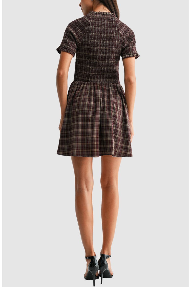 Smocked Fit & Flare Minidress, Alternate, color, TAUPE BURGUNDY PLAID