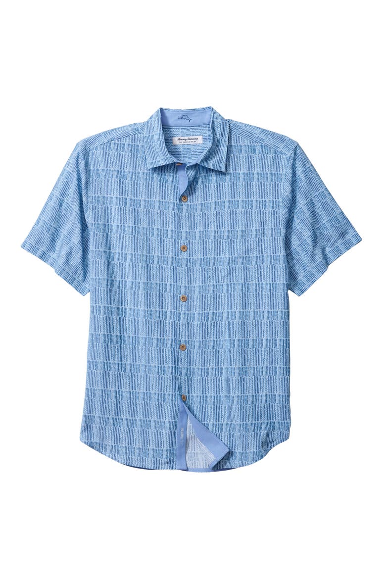 Coconut Point Coastal Cool Geo IslandZone® Short Sleeve Button-Up Shirt, Main, color, CHAMBRAY BLUE