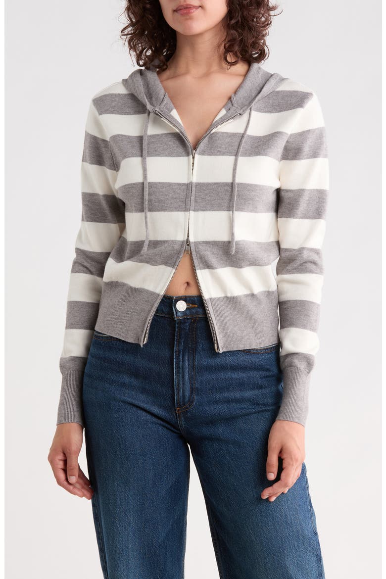 Rugby Stripe Zip-Up Hoodie, Main, color, HEATHER GREY/ CREME
