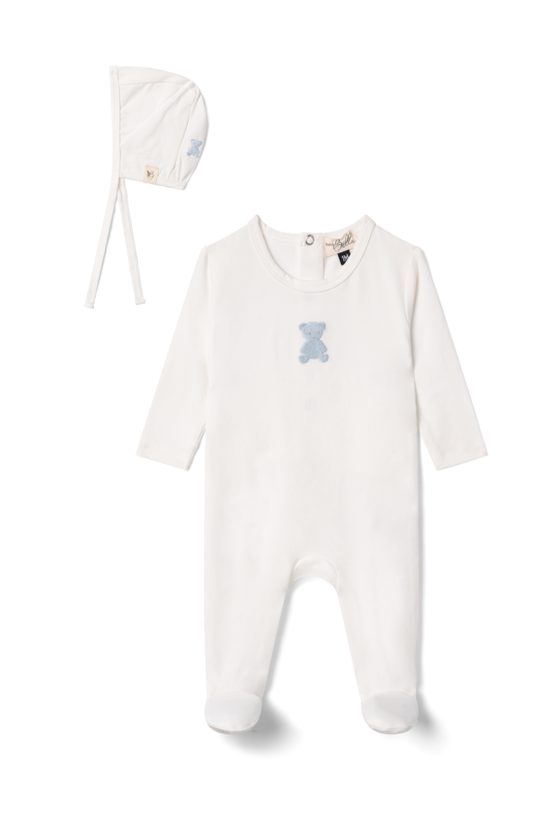 Boy Bear Embroidered Long Sleeve Romper with Matching Bonnet, Main, color, White/Blue