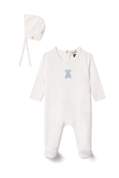 Boy Bear Embroidered Long Sleeve Romper with Matching Bonnet