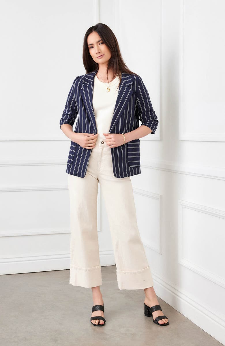 Karen Kane Stripe Ruched Sleeve Stretch Cotton Jacket, Alternate, color, Navy