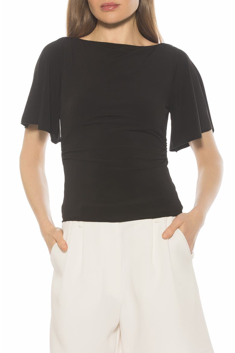 Jan Boat Neck Short Sleeve Ruched Top, Main, color, BLACK