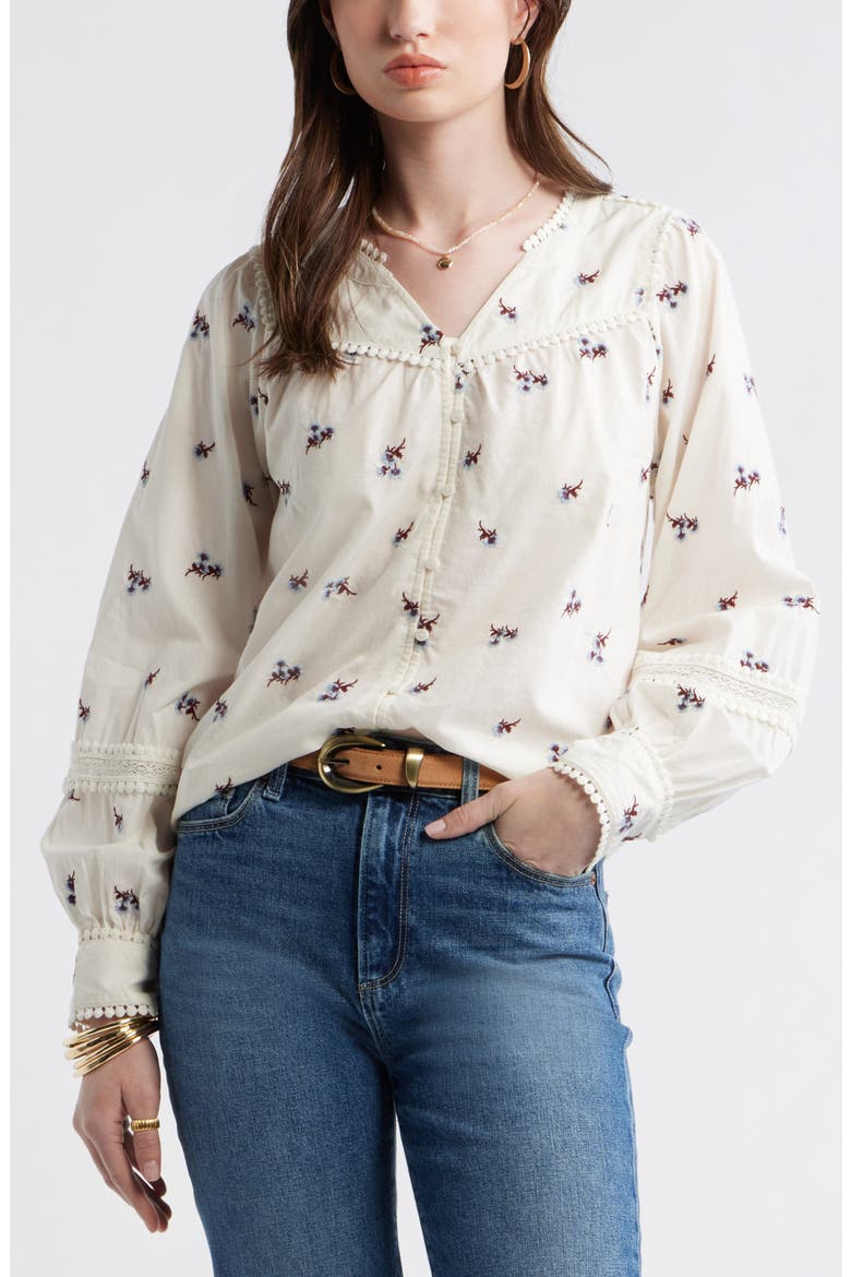 Lace Trim Button-Up Shirt, Main, color, IVORY- PURPLE TOSSED EMBROIDER