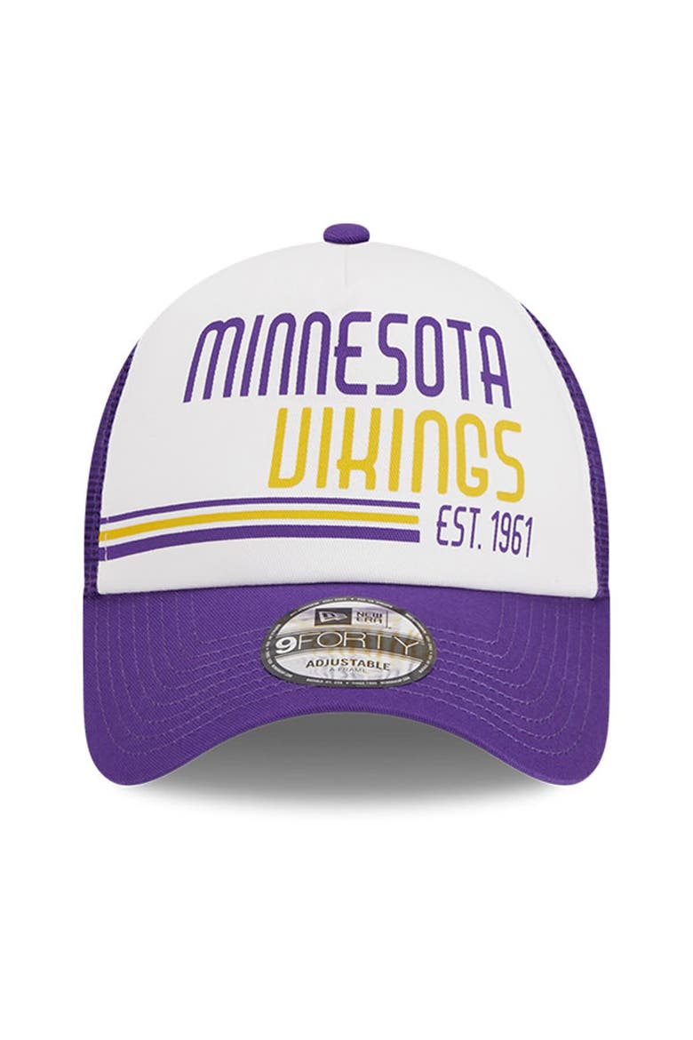 Men's New Era White/Purple Minnesota Vikings Stacked A-Frame Trucker 9FORTY Adjustable Hat, Alternate, color, White