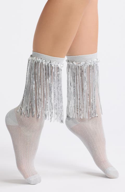 Stevie Metallic Sequin Fringe Crew Socks