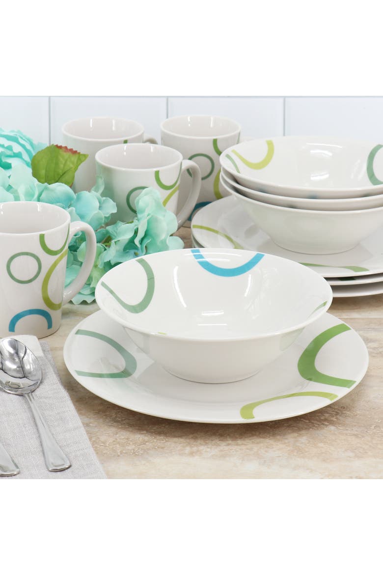 Green Loops 12 Piece Round Fine Ceramic Dinnerware Set, Alternate, color, White