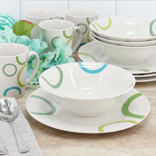 Gibson Home Green Loops 12 Piece Round Fine Ceramic Dinnerware Set In White