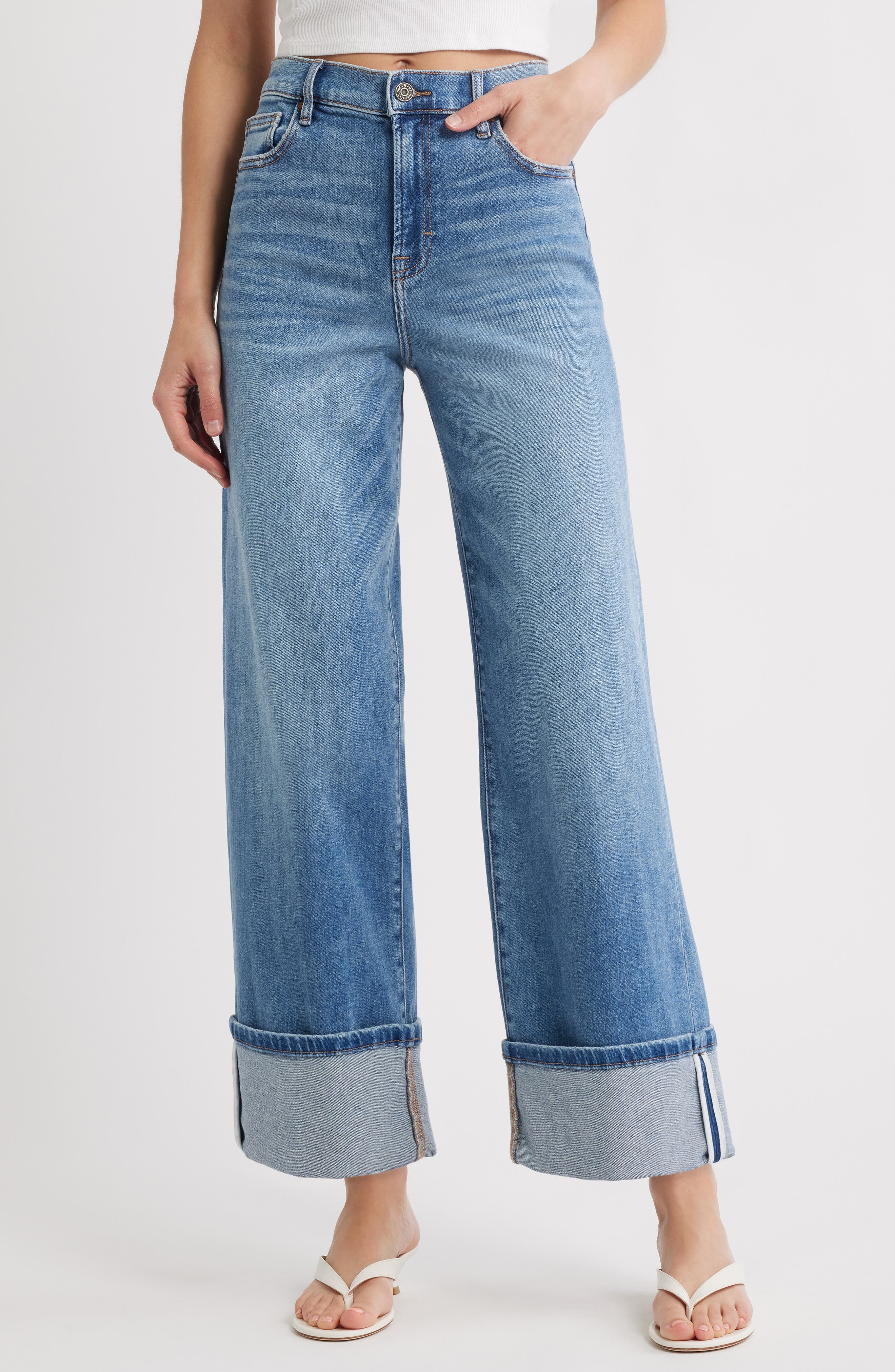HIDDEN JEANS Cuffed High Waist Dad Jeans in Medium Wash 