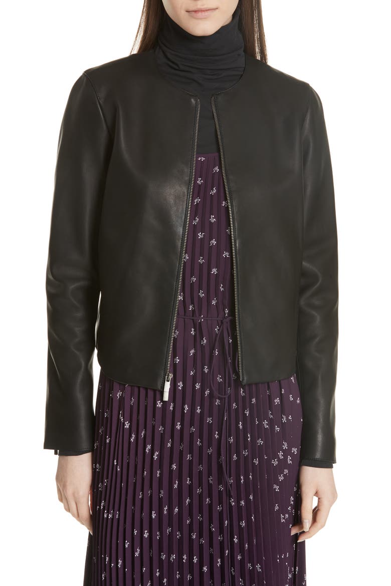 Collarless Leather Jacket, Main, color, BLACK