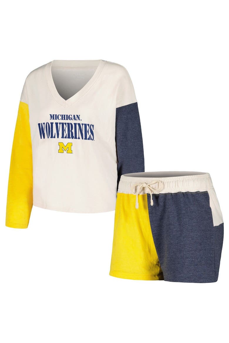 Women's Wes & Willy Cream Michigan Wolverines Colorblock Tri-Blend Long Sleeve V-Neck T-Shirt & Shorts Sleep Set, Main, color, Cream