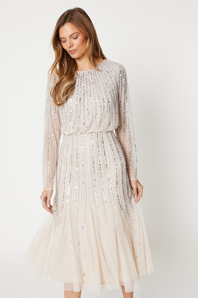 Party Sequin Long Sleeve Midi Dress, Alternate, color, Champagne