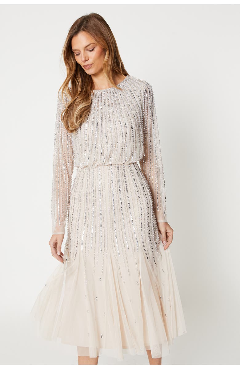 Coast Party Sequin Long Sleeve Midi Dress, Alternate, color, Champagne