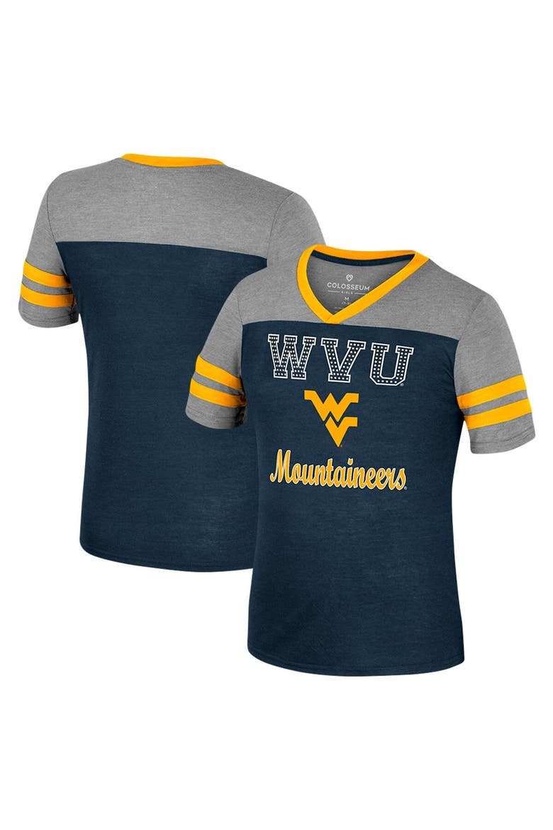 Girls Youth Colosseum Navy/Heather Gray West Virginia Mountaineers Summer Striped V-Neck T-Shirt, Main, color, Navy