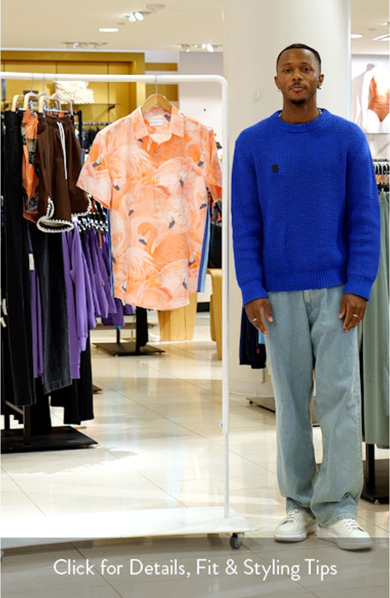 Tailored Fit Flamingo Print Waterproof Short Sleeve Performance Button-Up Shirt, sales video thumbnail