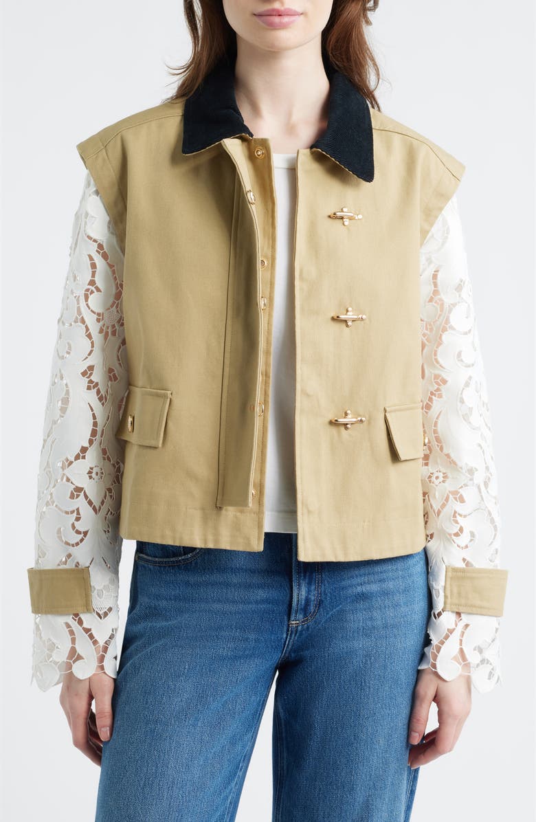 Hill House Home The Clarisse Lace Sleeve Barn Jacket, Alternate, color, Khaki