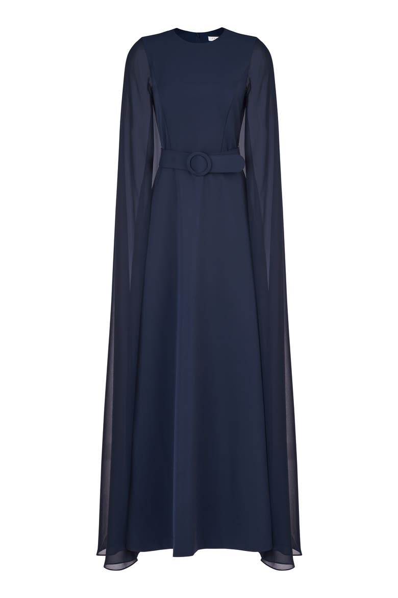 Freya Belted Cape Gown, Alternate, color, DARK NAVY