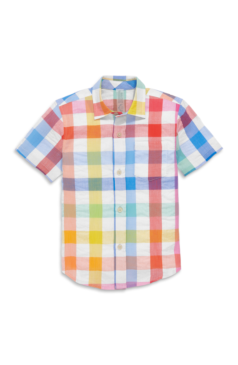 Primary Short Sleeve Button Down In Rainbow Gingham, Main, color, White Rainbow Check