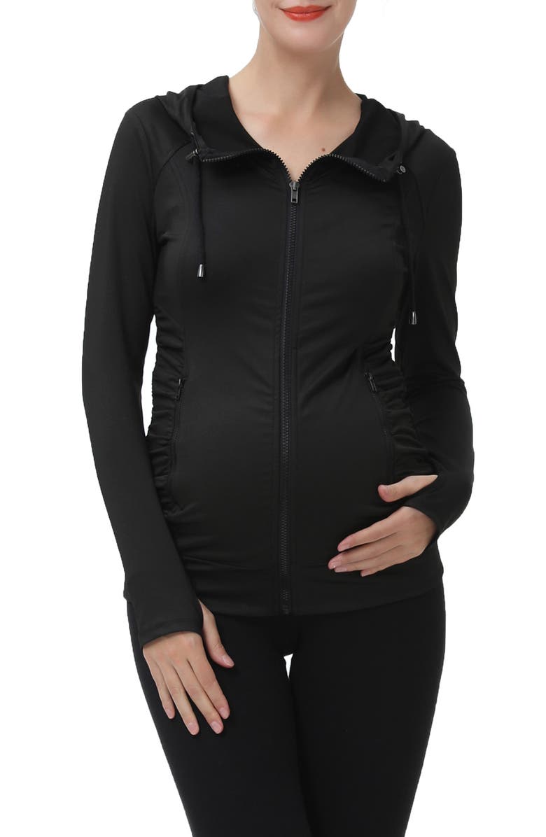 Kimi and Kai Momo Ruched Zip Maternity Hoodie, Main, color, Black