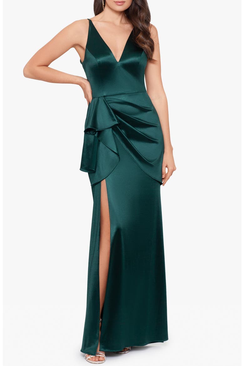 Glam Ruffle Satin Gown, Main, color, HUNTER