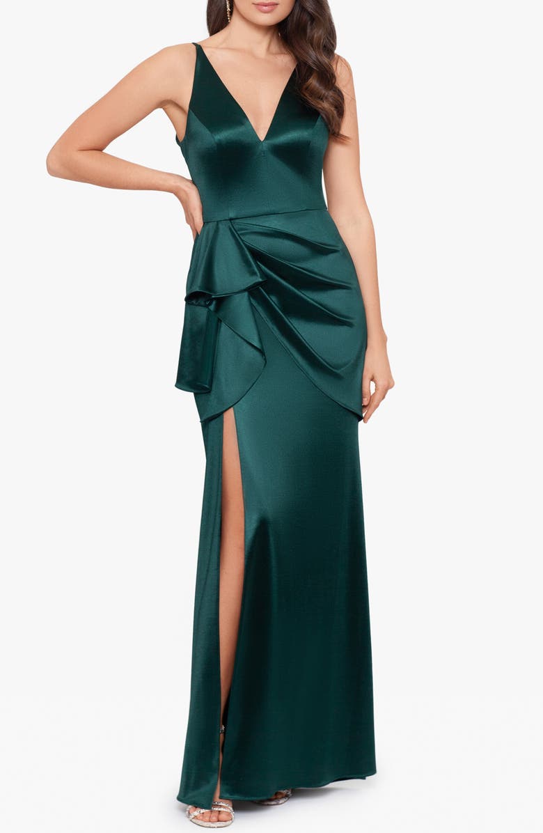 Blondie Nites Glam Ruffle Satin Gown, Main, color, Hunter