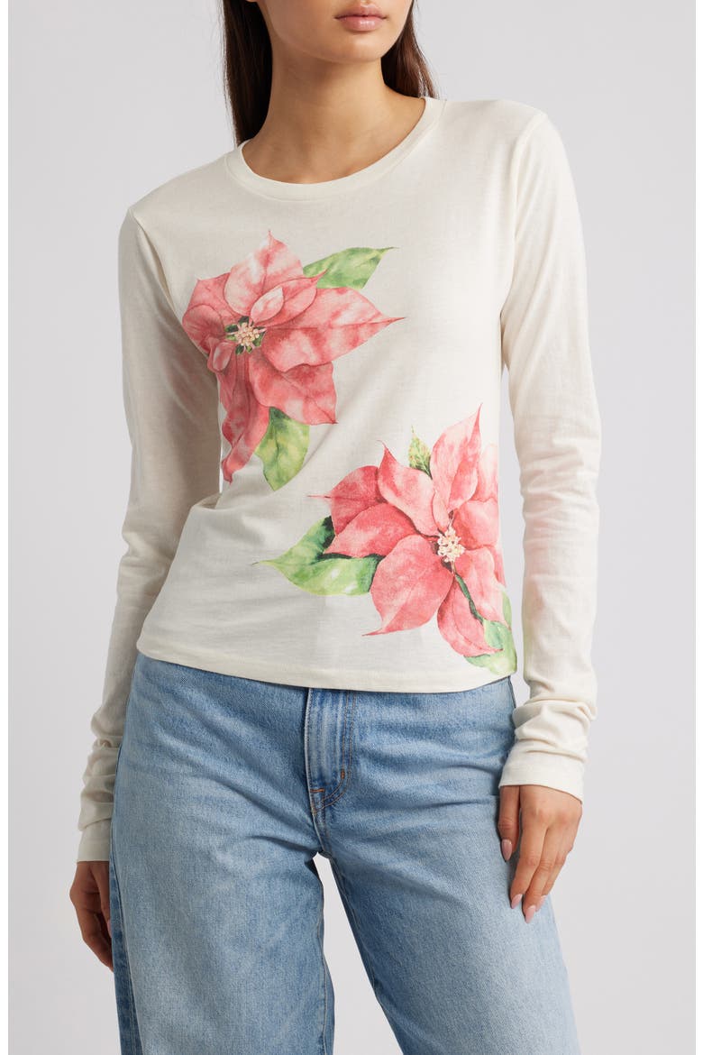 Poinsettia Long Sleeve Cotton Graphic T-Shirt, Main, color, MARSHMALLOW MINERAL WASH