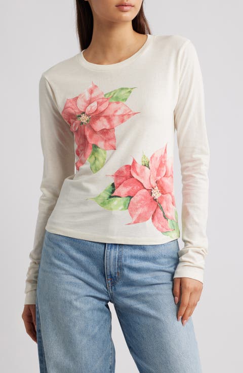 Poinsettia Long Sleeve Cotton Graphic T-Shirt