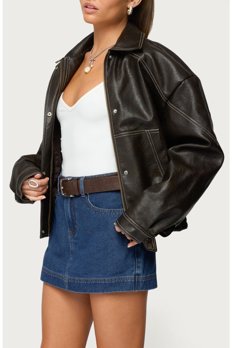 Jaxson Oversize Faux Leather Jacket, Alternate, color, DARK-BROWN