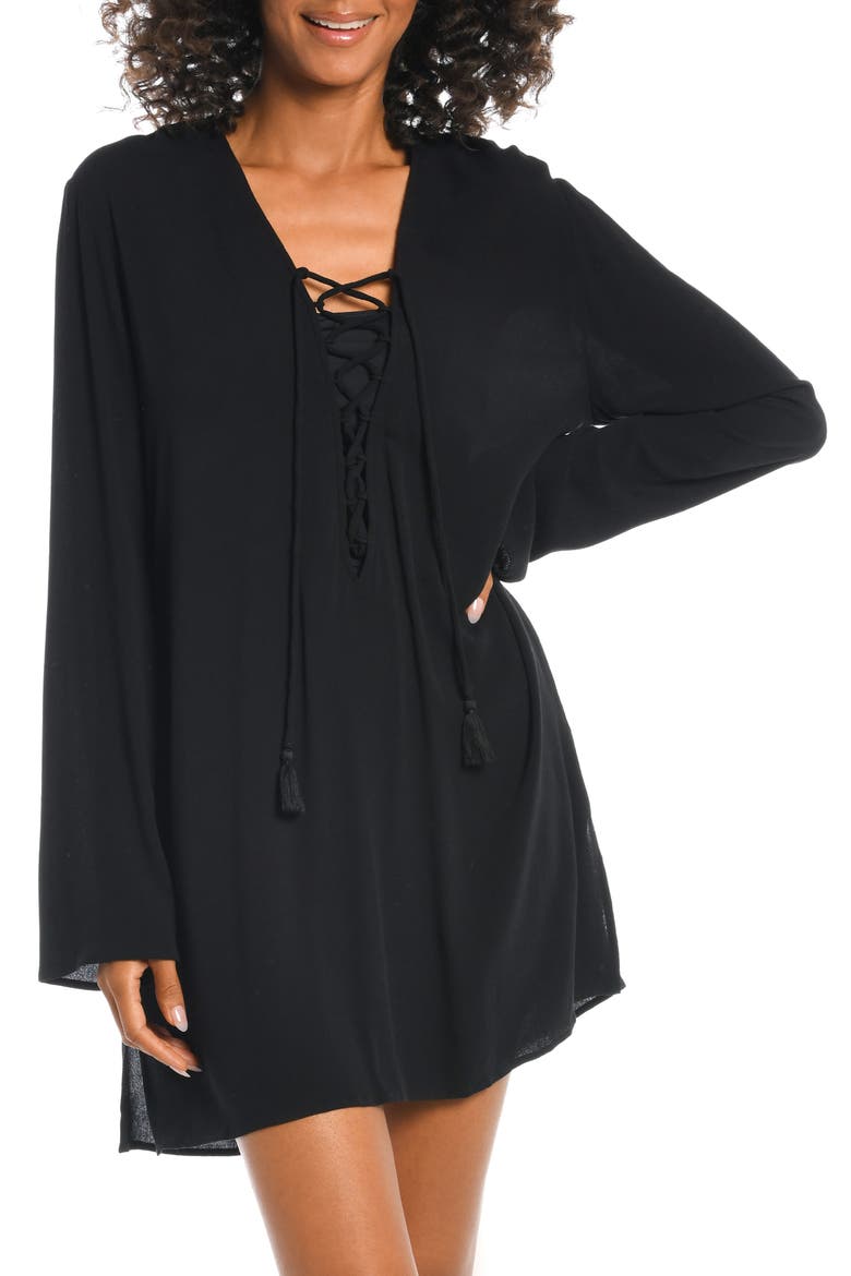 V-Neck Cover-Up Tunic Dress, Main, color, BLACK