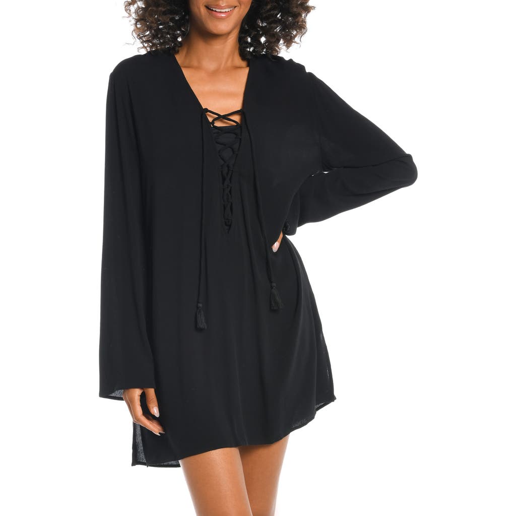 La Blanca Lace-up V-neck Tunic Coverup In Black