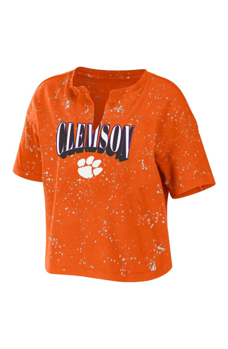 WEAR by Erin Andrews Women's WEAR by Erin Andrews Orange Clemson Tigers Bleach Wash Splatter Cropped Notch Neck T-Shirt, Alternate, color,
