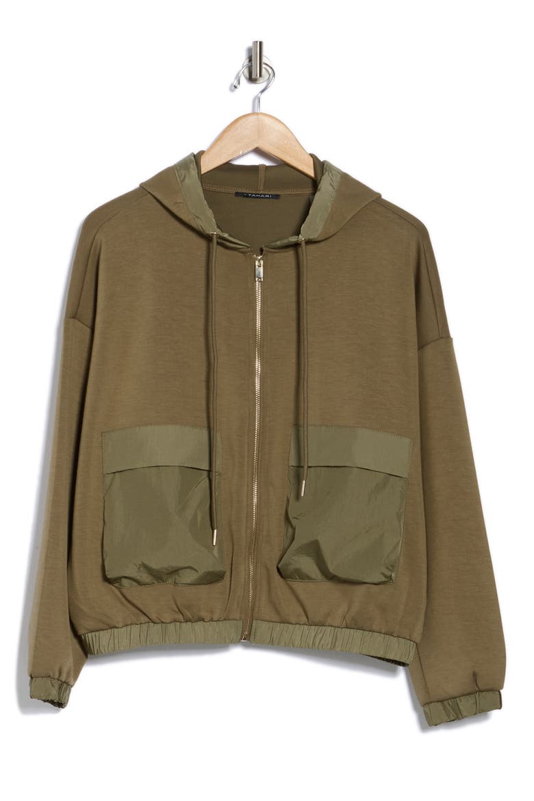 Mixed Media Zip Up Hoodie, Alternate, color, OLIVE GREEN