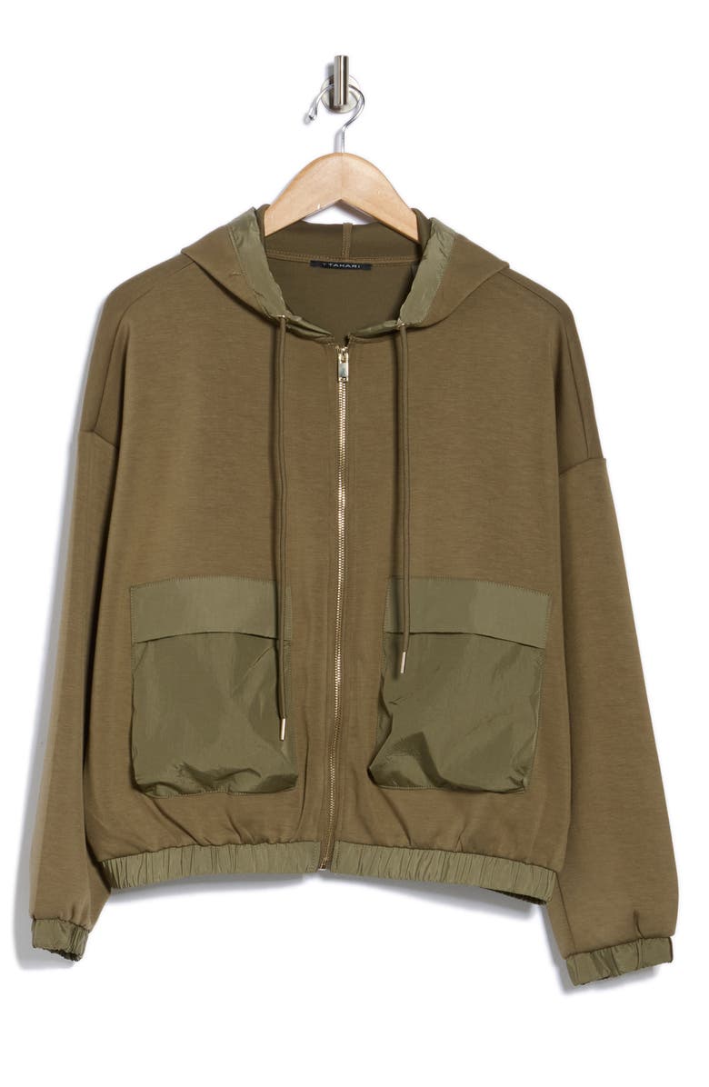 T Tahari Mixed Media Zip Up Hoodie, Alternate, color, Olive Green