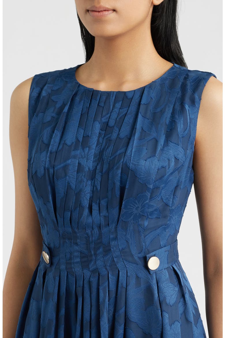 Pleated Floral Jacquard Midi A Line Dress, Alternate, color, BLUE CARBON